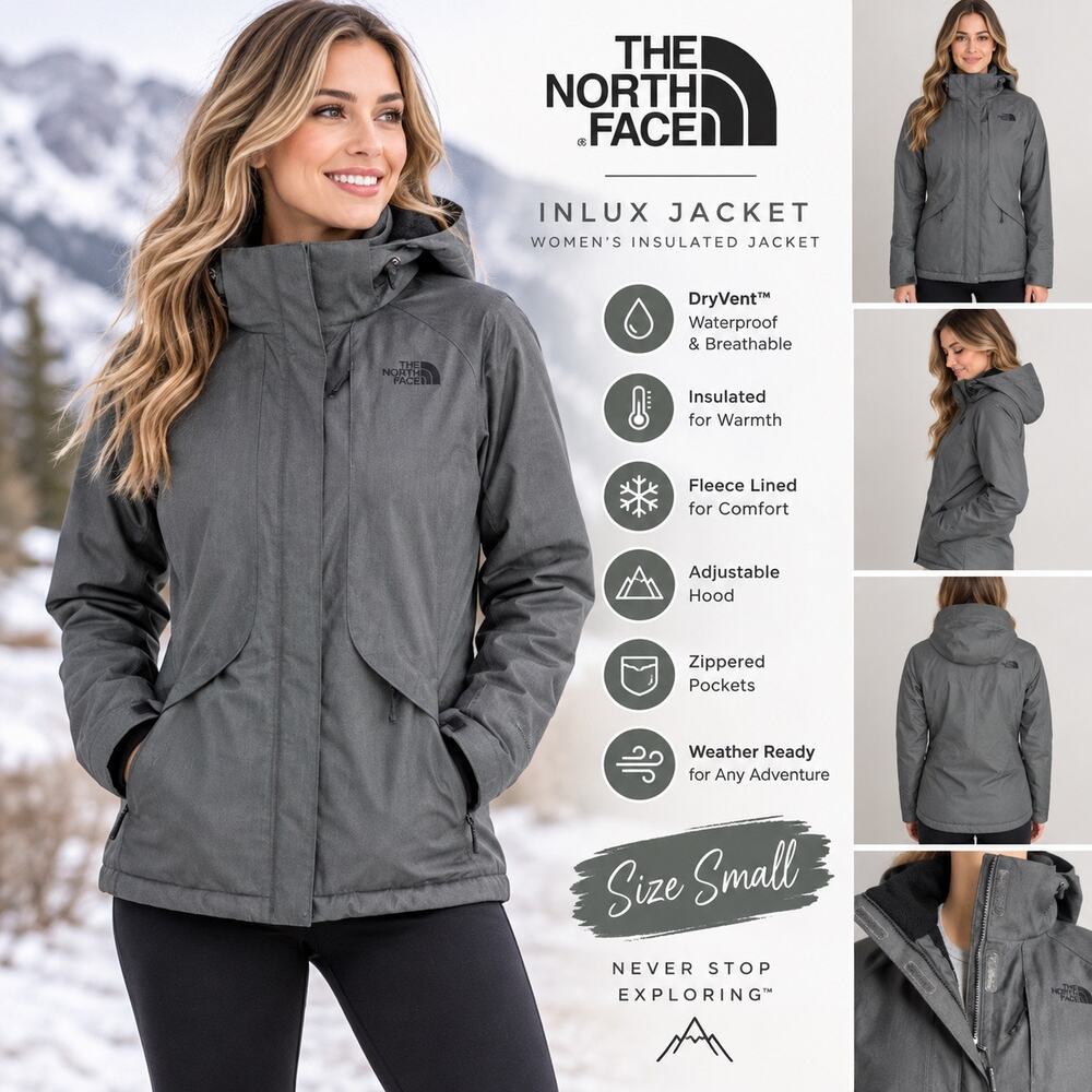 The North Face Womens Inlux Insulated Jacket Small Gray DryVent Hooded Fleece
